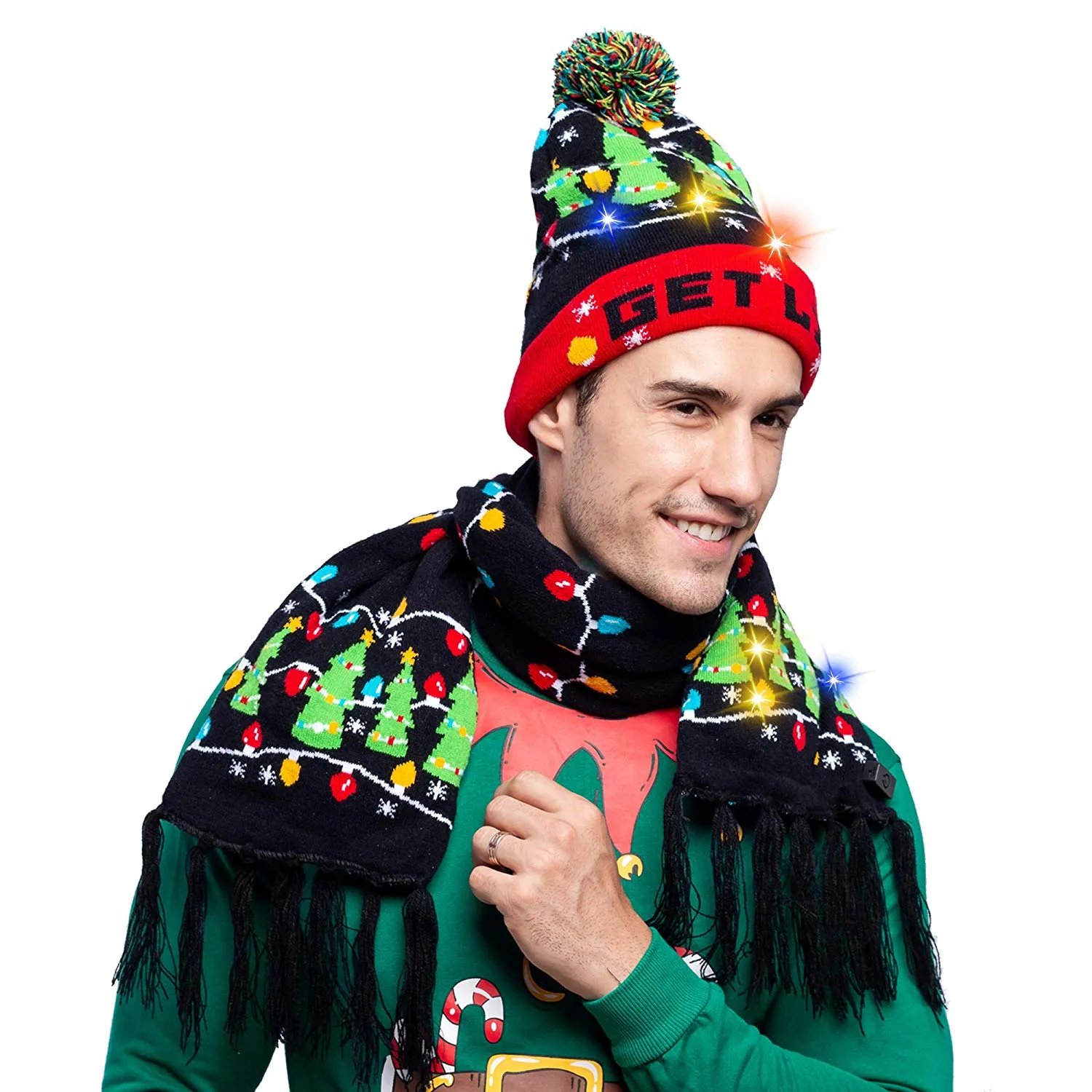 2 Piece Christmas Tree Lit-up Beanie and Scarf
