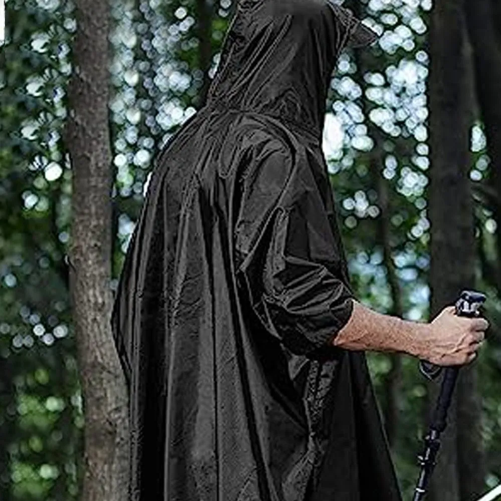 3-in-1 Unisex Hooded Rain Poncho Raincoat Jacket for Hiking Camping Black