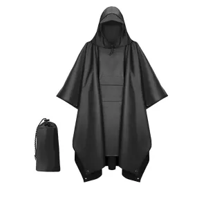 3-in-1 Unisex Hooded Rain Poncho Raincoat Jacket for Hiking Camping Black