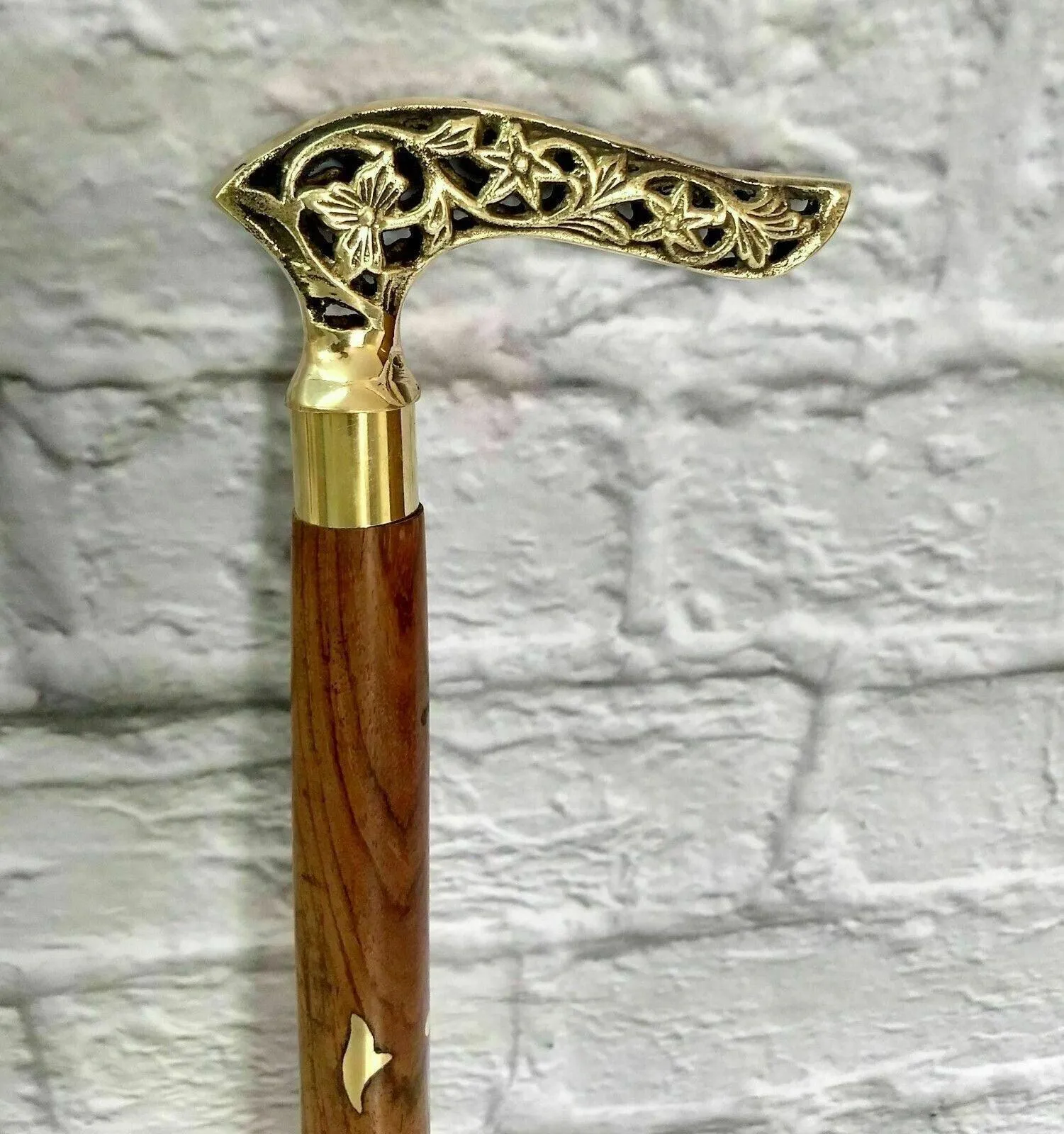 Bastón de latón antiguo con mango victoriano, bastón de madera estilo Vintage, diseñador 