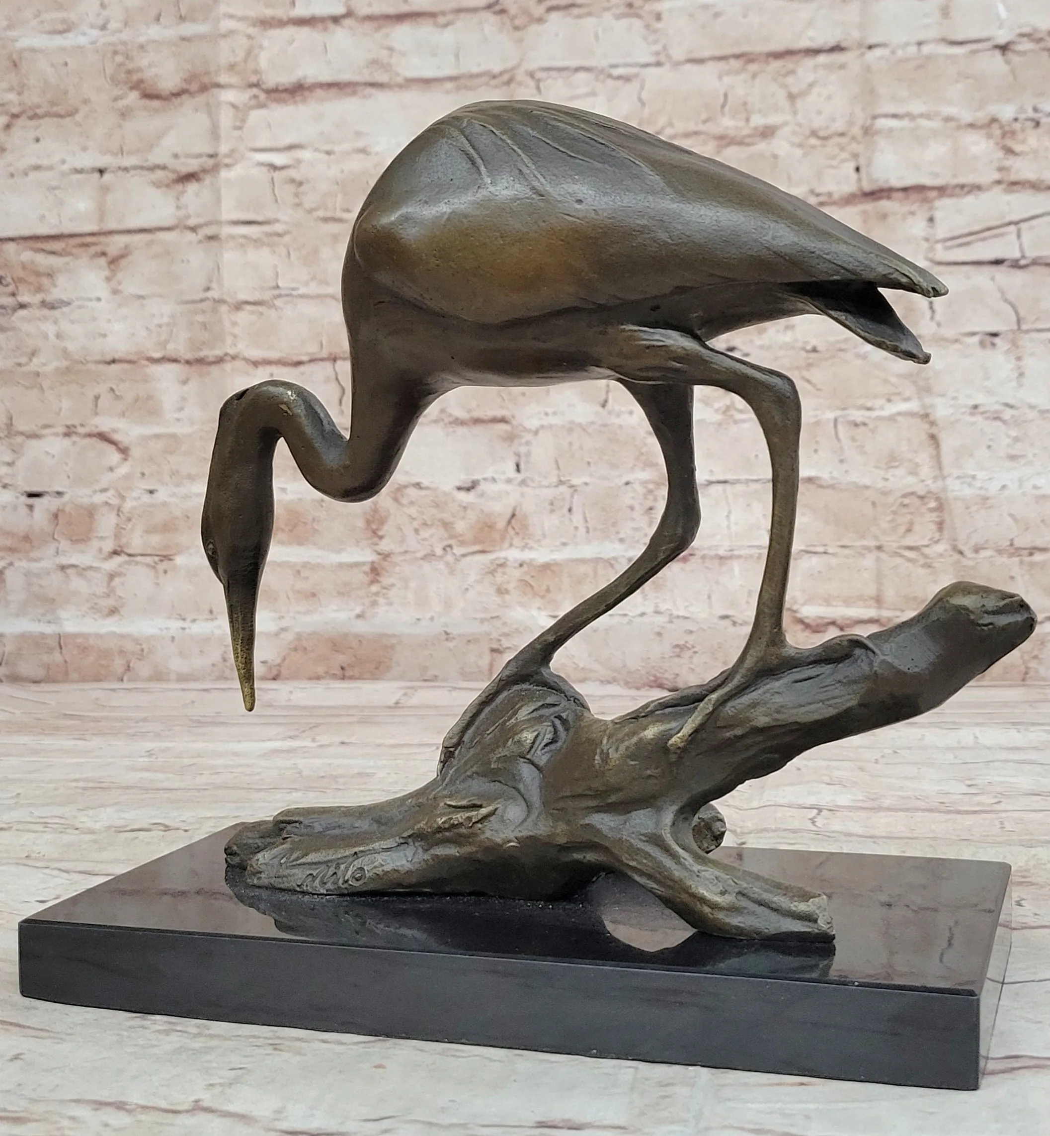 Crane Stork Egret Heron Water Bird Bronze Statue Sculpture Original Art on Marble Base