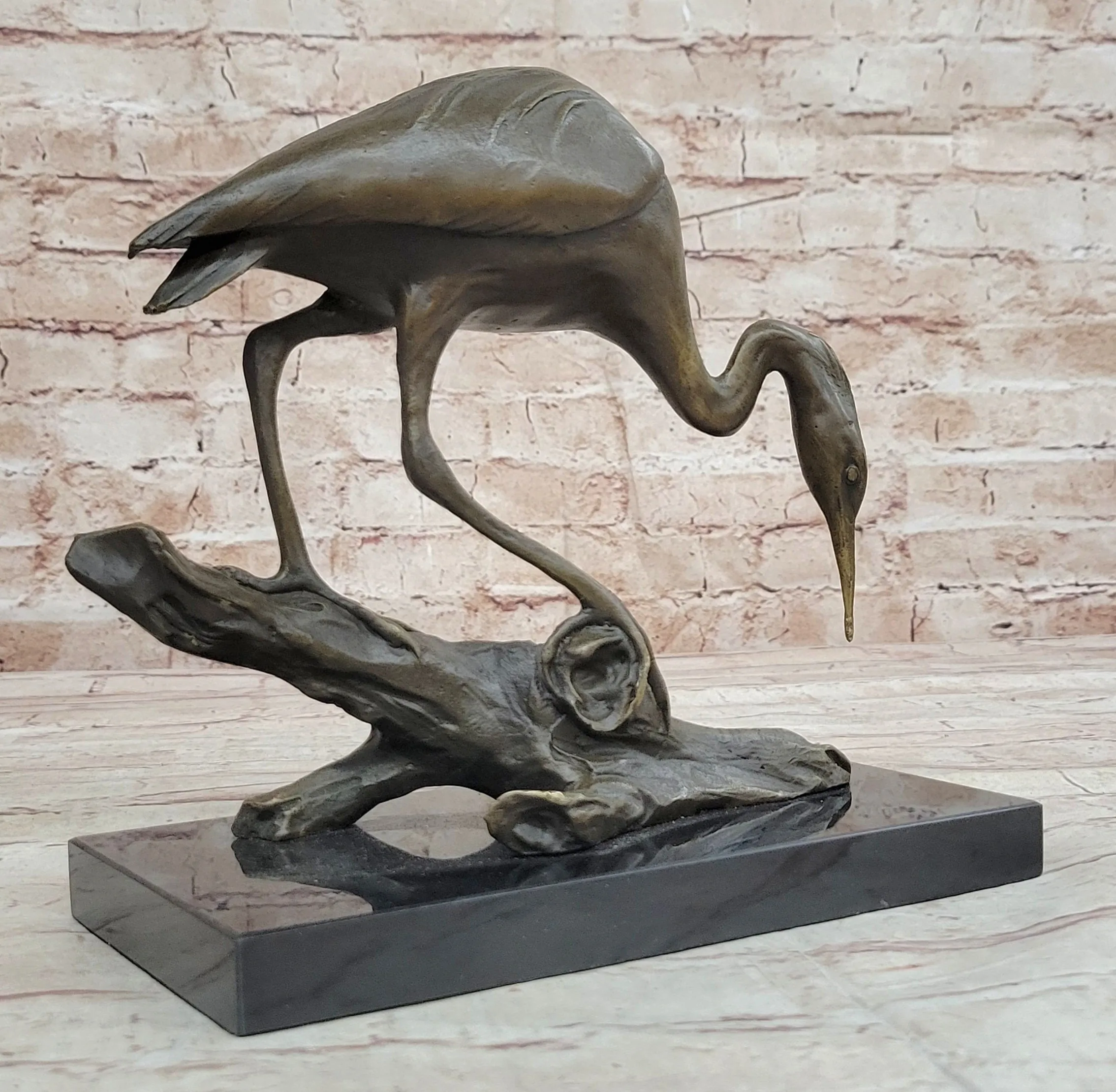Crane Stork Egret Heron Water Bird Bronze Statue Sculpture Original Art on Marble Base