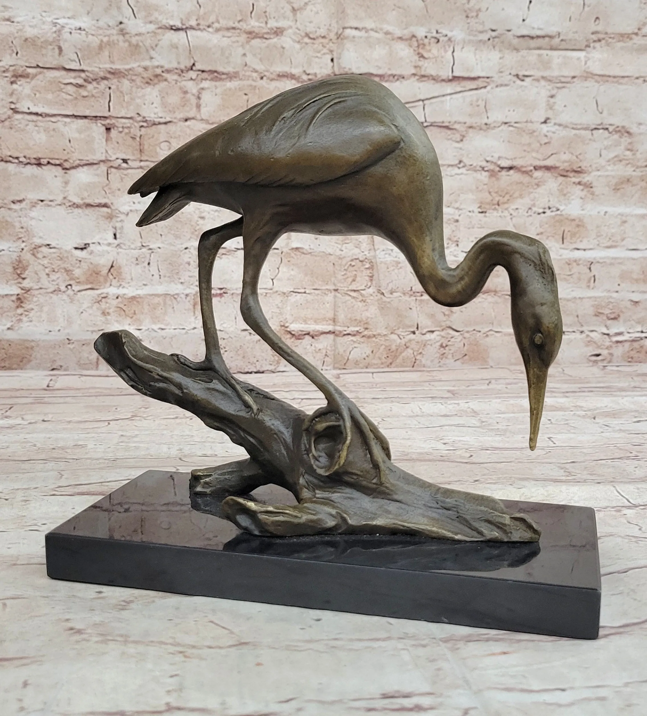 Crane Stork Egret Heron Water Bird Bronze Statue Sculpture Original Art on Marble Base