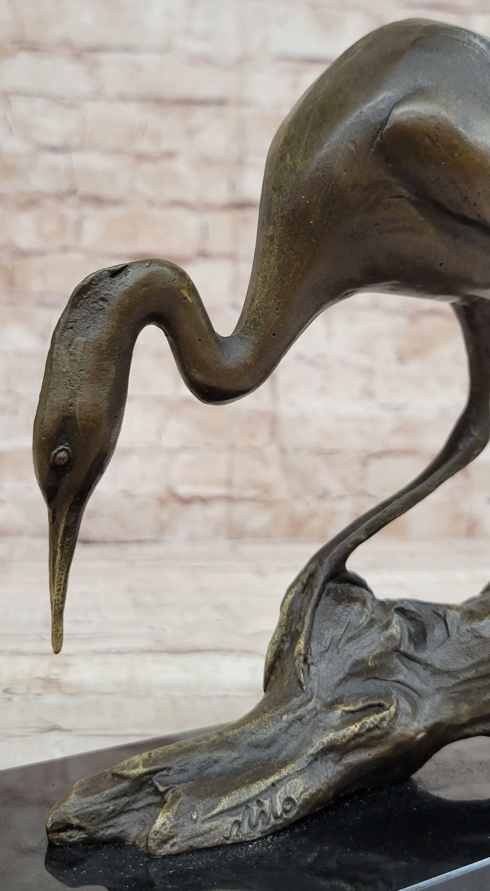 Crane Stork Egret Heron Water Bird Bronze Statue Sculpture Original Art on Marble Base