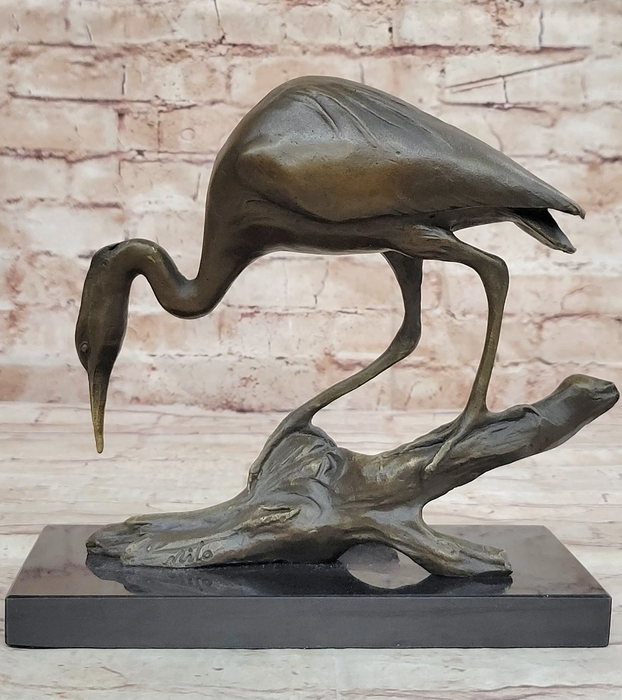 Crane Stork Egret Heron Water Bird Bronze Statue Sculpture Original Art on Marble Base