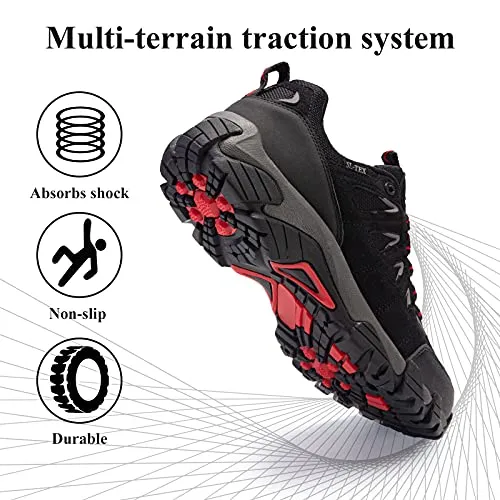 SHULOOK Men's Waterproof Hiking Shoes Lightweight Anti Slip Outdoor Ankle Boots Breathable Hike Trekking Trails Shoe Black/Red 11