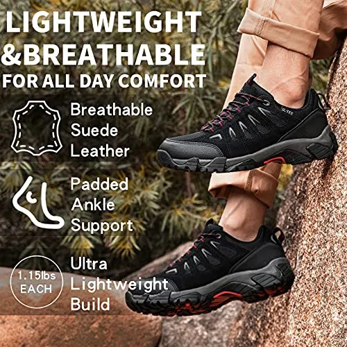 SHULOOK Men's Waterproof Hiking Shoes Lightweight Anti Slip Outdoor Ankle Boots Breathable Hike Trekking Trails Shoe Black/Red 11